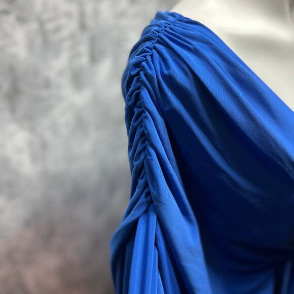 EXPRESS Blue Stretchy Peplum V-Neck Draped Short Sleeves Top - Picture 5 of 6